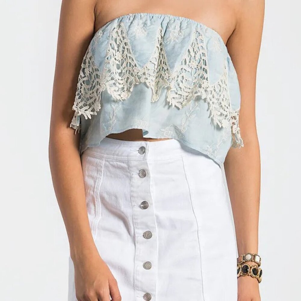 New Sans Souci Embroidered Ruffle Tube Top Light Blue Cream Size Large